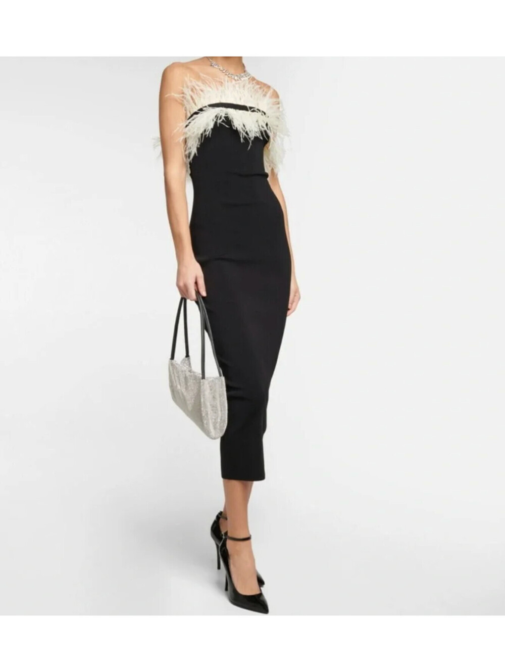NWT Staud Nellie Feather Black White Stretch Bodycon Midi Dress Large